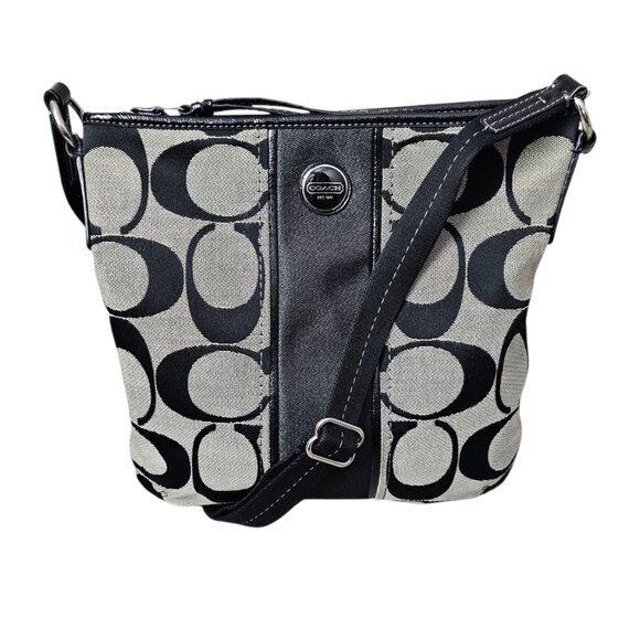 Coach SIGNATURE STRIPE Duffle Canvas Black Shoulder Crossbody Bag F21905 COA - Picture 1 of 14